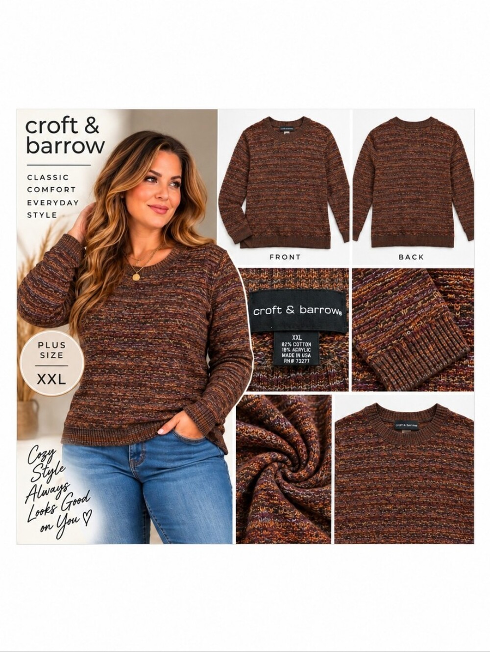 Croft & Barrow XXL Brown Marled Knit Cotton Blend Crewneck Sweater Made in USA